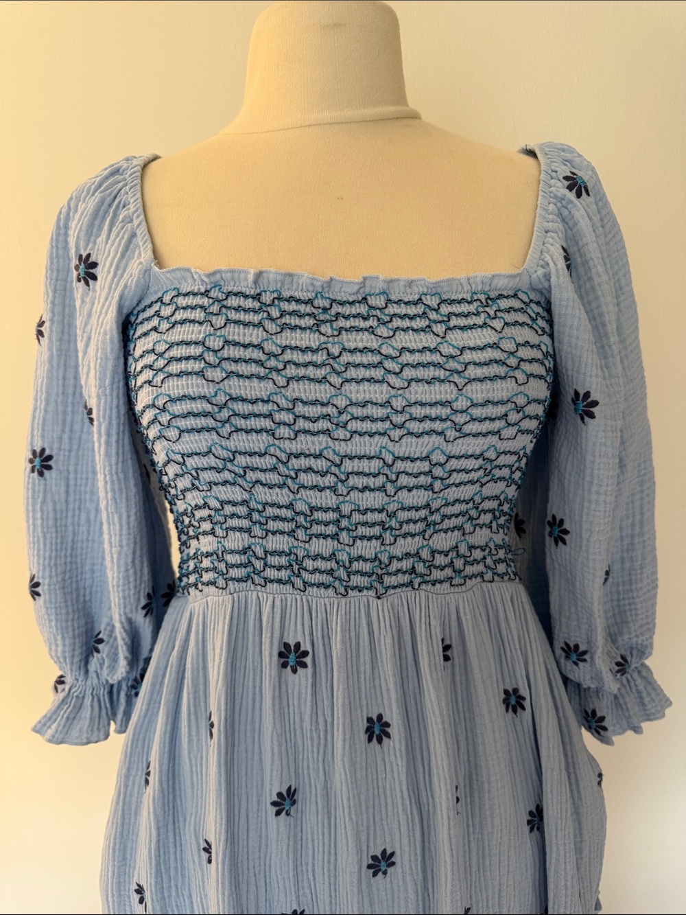 Source Unknown Light Blue Maxi Dress with Navy Floral Embroidery - Picture 2 of 5